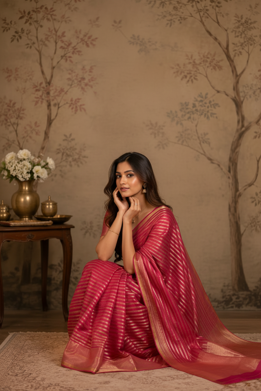 Woman in a pink saree sitting in a decorated room with floral arrangements and wall art.