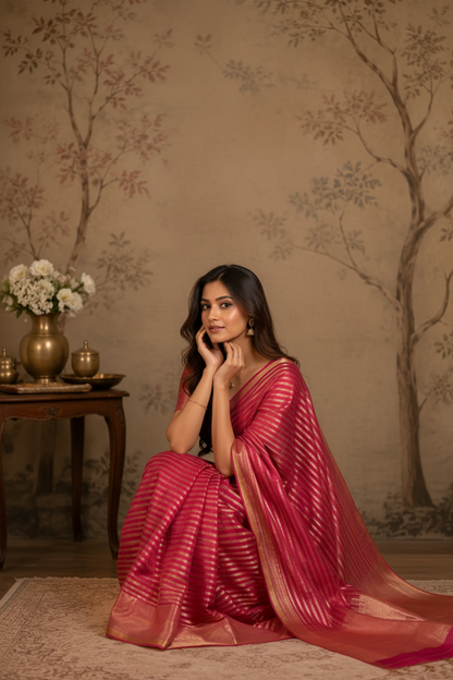 Woman in a pink saree sitting in a decorated room with floral arrangements and wall art.