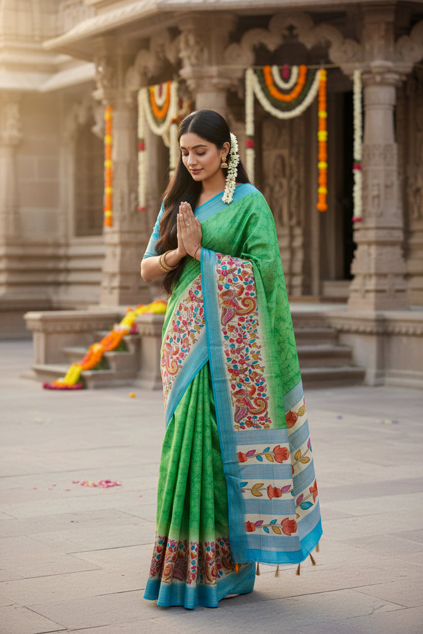 Colorful saree with floral patterns on a white background