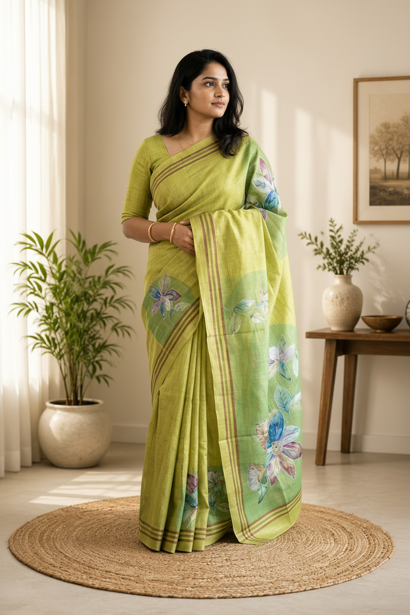 Woman wearing a green saree with floral patterns in a room with plants and a table.