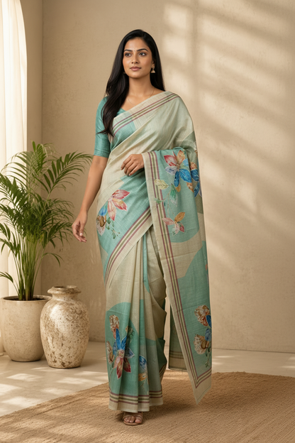 Woman wearing a light green saree with floral patterns in a room with plants and decor.