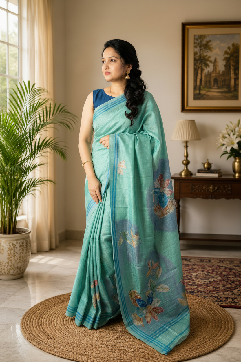 Woman in a teal saree standing in a room with decor elements.