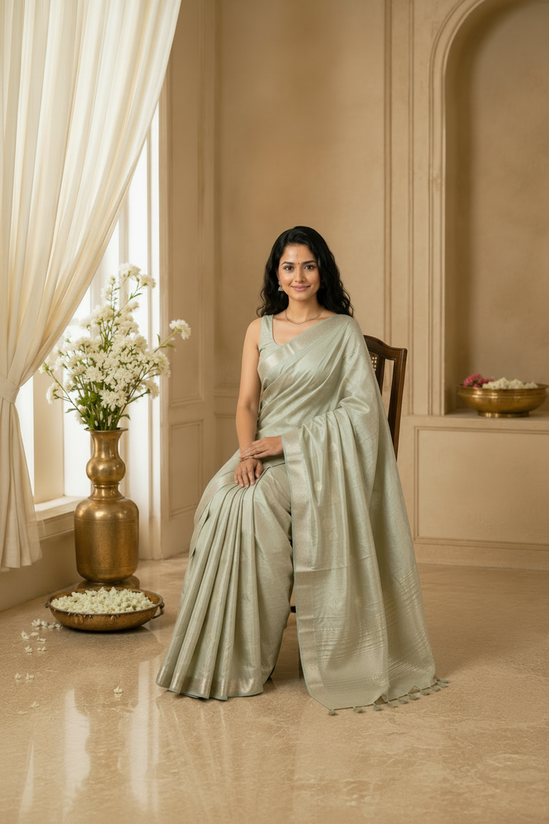 Festive Celadon Green Raw Silk Saree | Elegant Occasion Wear