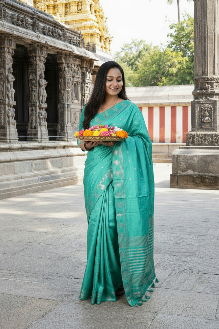 A woman wearing a teal green silk saree with gold zari patterns stands in front of a stone temple, holding a decorative tray with flowers.
