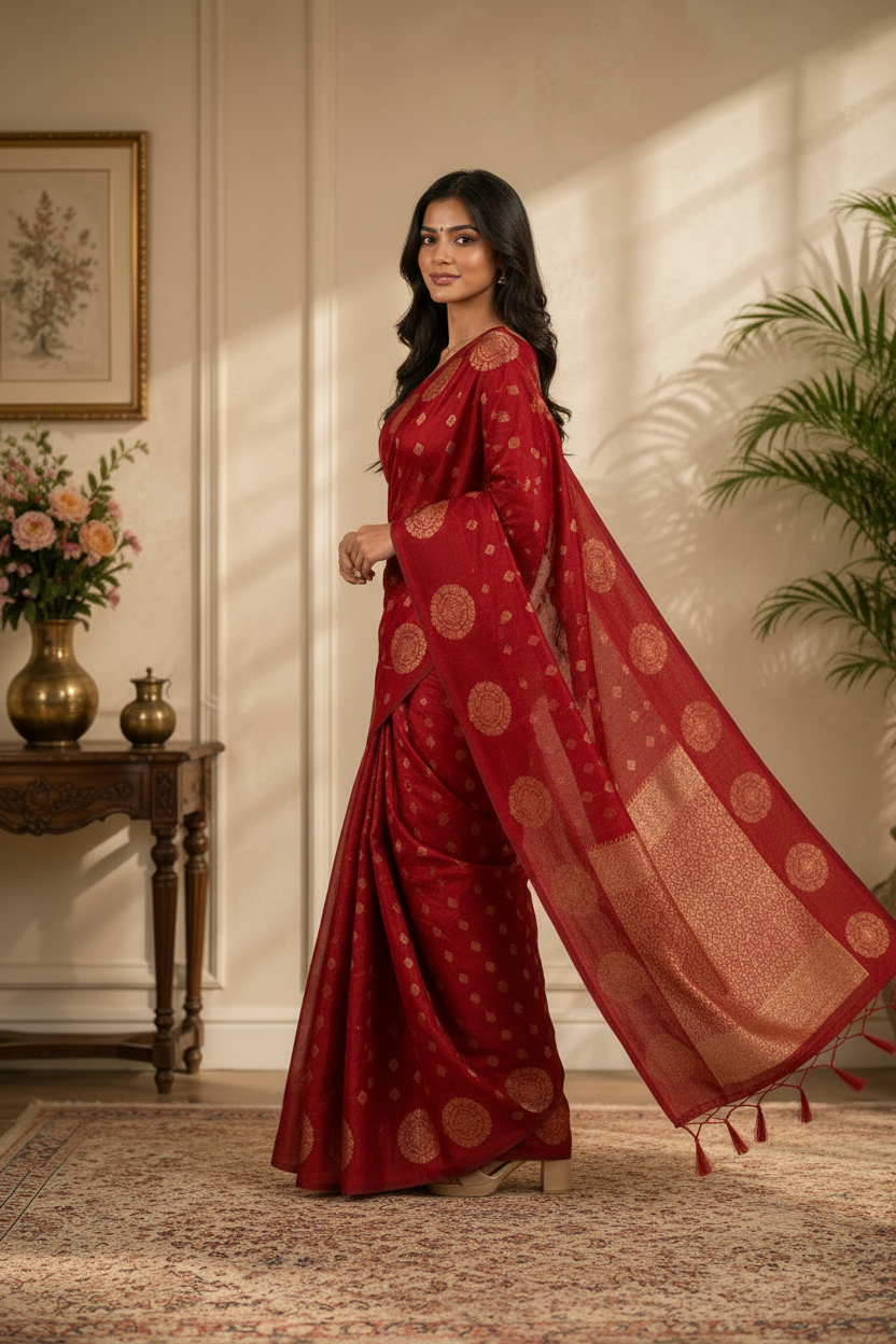 Woman in a red saree with gold patterns standing in a room with a table and plants.