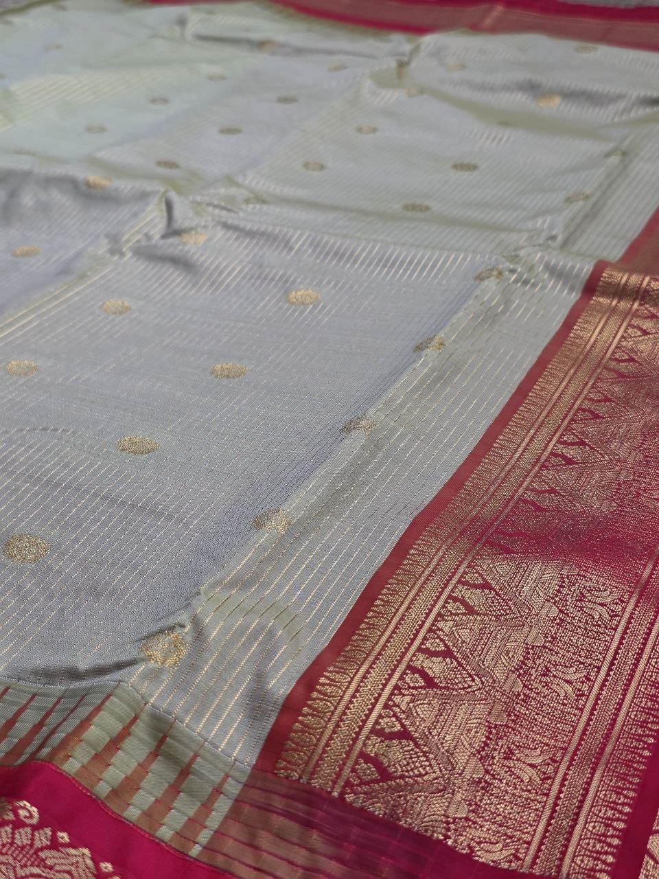 Festive Heritage Premium Semi Gadwal Saree | Light Olive & Rich Red