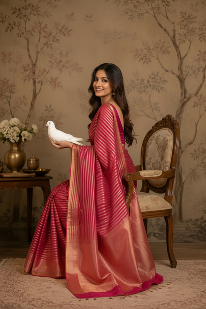 Woman in a maroon saree holding a white dove in a decorated room.