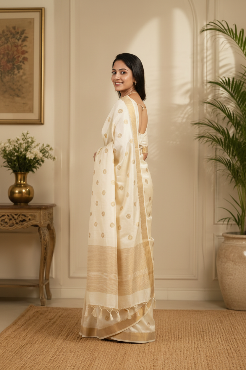 Woman in a white saree with gold patterns standing in a room with decorative elements.