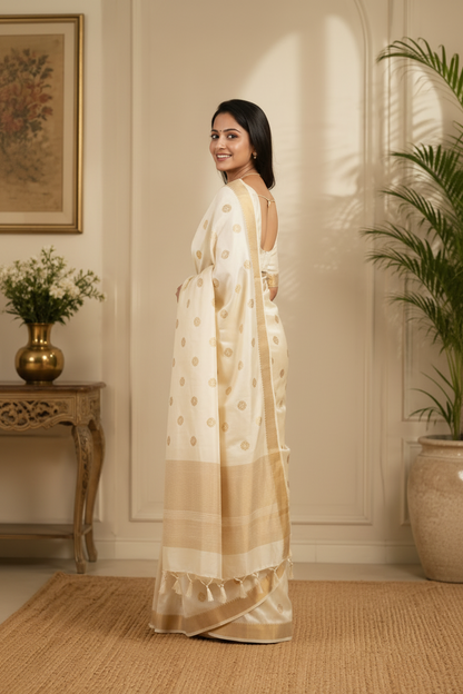 Woman in a white saree with gold patterns standing in a room with decorative elements.