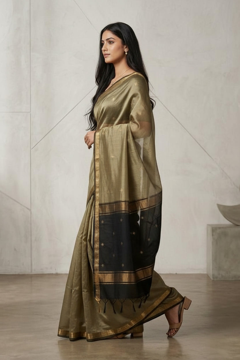 Woman wearing a traditional saree with a neutral background