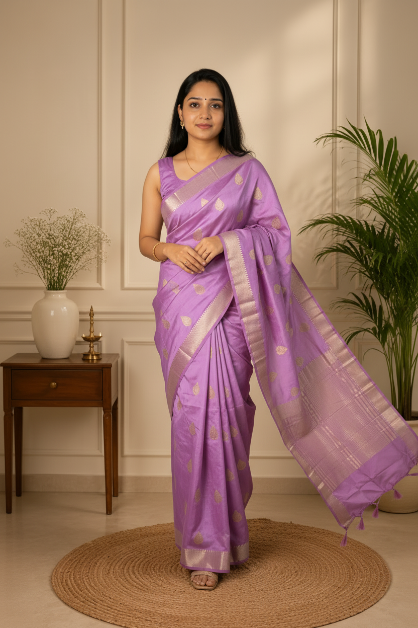 Woman in a purple saree standing in a room with plants and a side table.