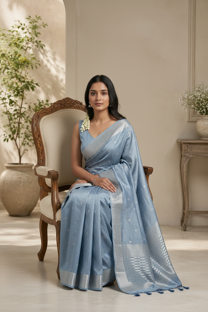 Woman in a light blue saree sitting on an ornate chair in a well-lit room.