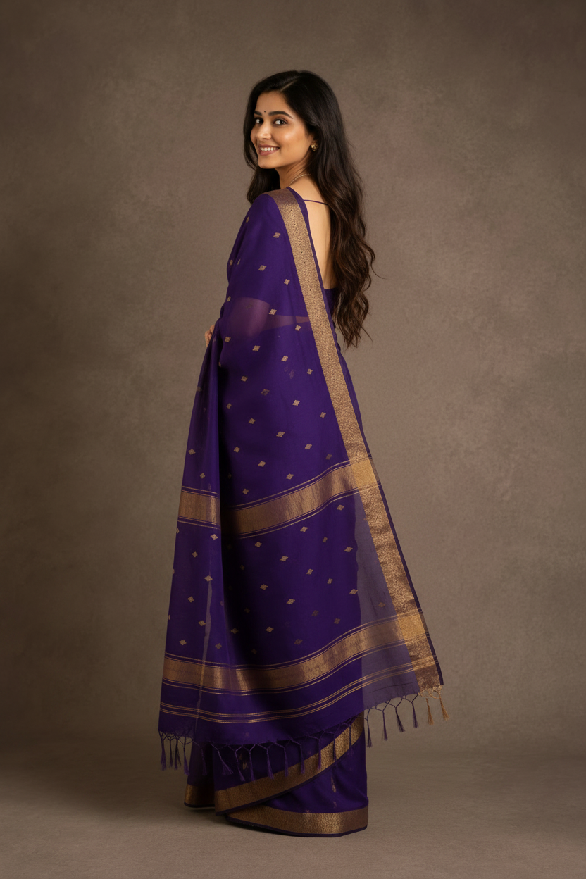 Woman wearing a purple saree with a brown border against a gray background