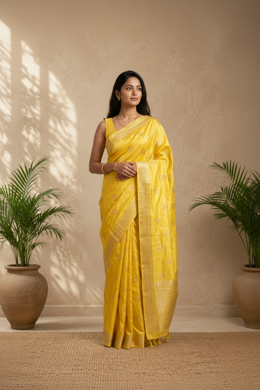 Woman wearing a yellow saree standing against a beige wall with a plant in the background