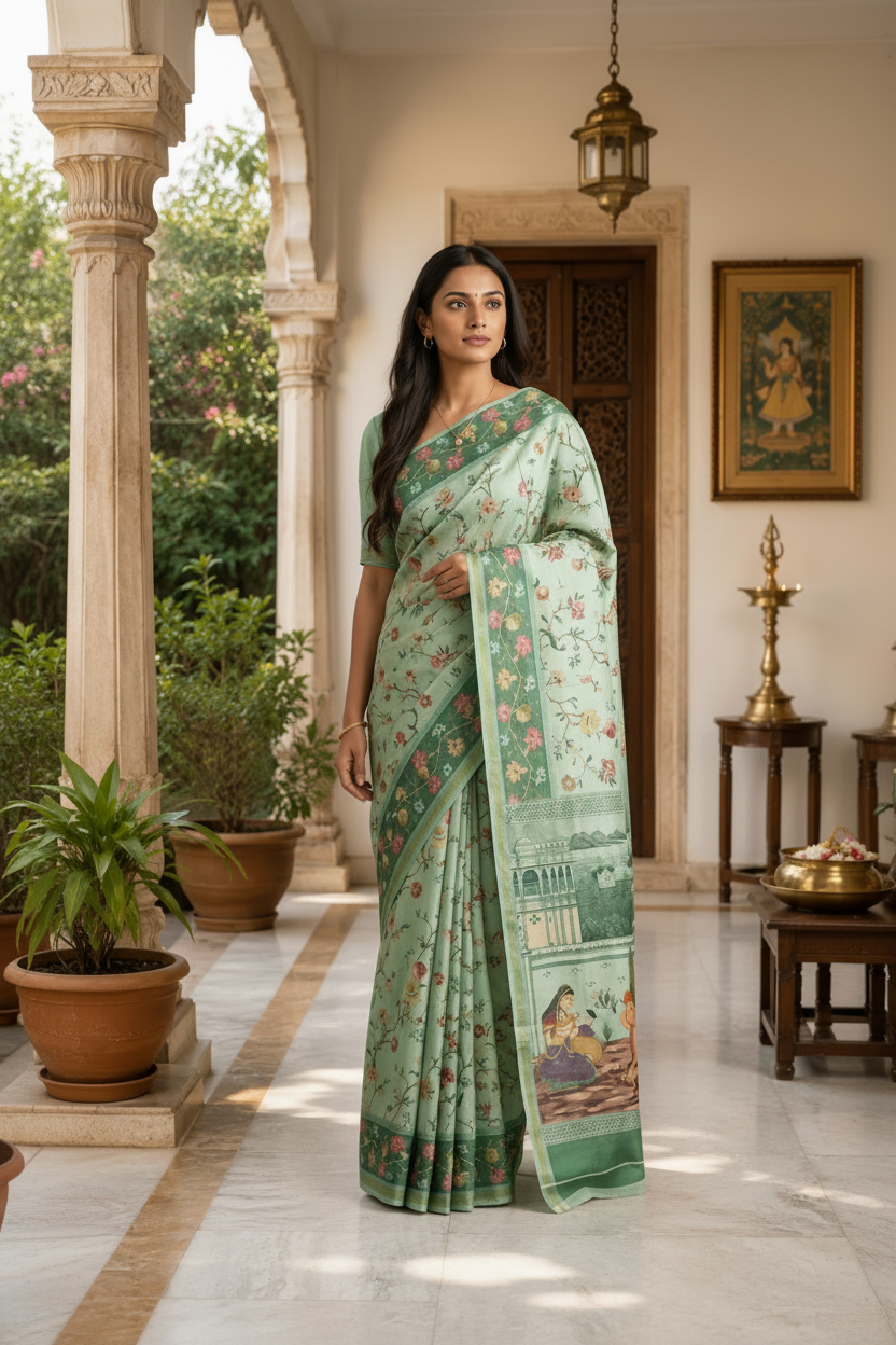 Woman wearing a green saree with a scenic design in an outdoor setting.