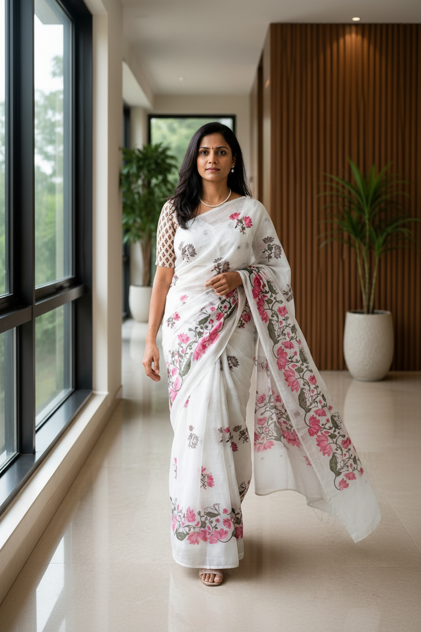 Woman wearing a white saree with floral patterns in a modern indoor setting