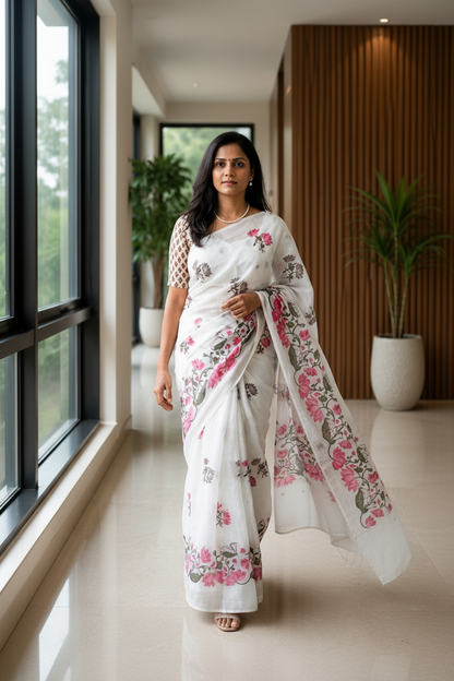 Woman wearing a white saree with floral patterns in a modern indoor setting