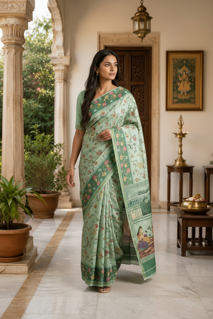 Woman in a green saree with floral patterns walking in an outdoor setting.