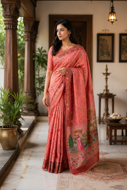 Woman wearing a traditional saree in an indoor setting with decor elements.