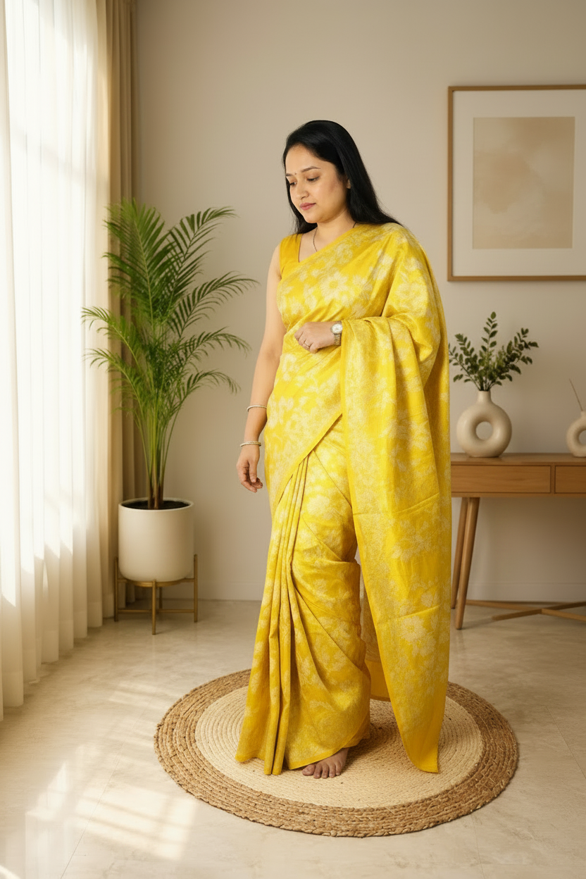 Woman in a yellow saree standing in a room with a plant and a side table.
