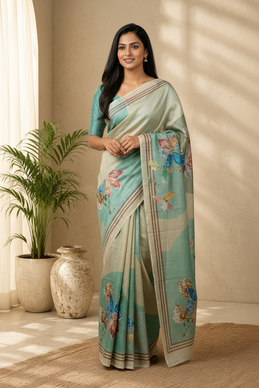 Woman wearing a light green saree with floral patterns in a room with plants and decor.