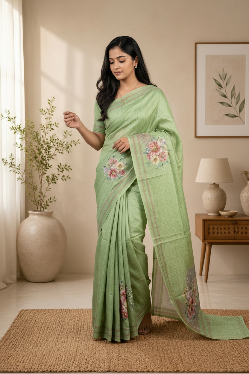 Woman in a light green saree with floral patterns standing in a room with decor elements.