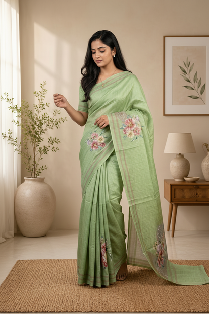 Woman in a light green saree with floral patterns standing in a room with decor elements.