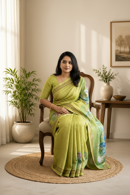 Woman in a green saree sitting on a chair in a well-lit room with plants and decor.