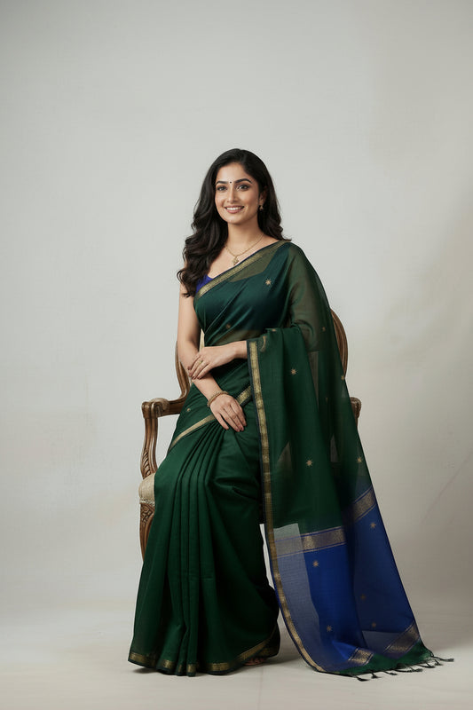 Forest Green Maheshwari Silk Cotton Saree with Royal Blue Zari Pallu & Gold Butis