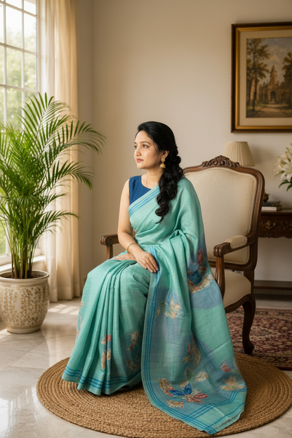 Woman in a teal saree standing in a room with decor elements.