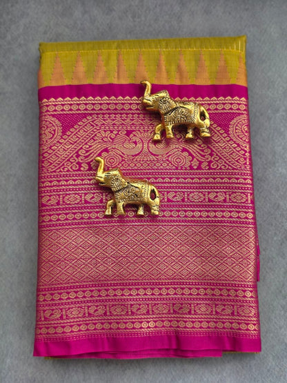 Golden Bloom Premium Semi Gadwal Saree – Mustard Yellow & Fuchsia Pink