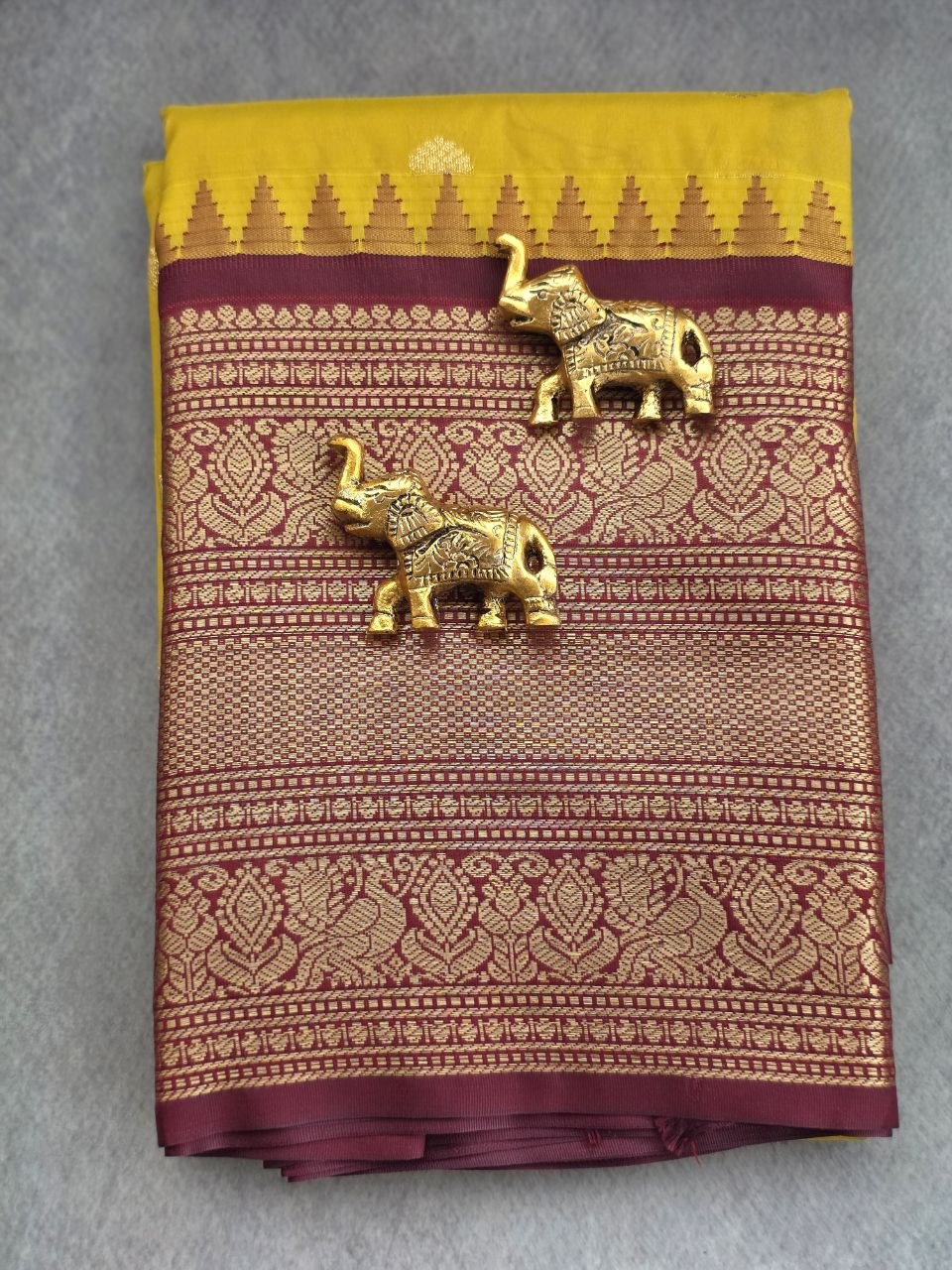 Golden Harvest Premium Semi Gadwal Saree – Turmeric Yellow & Maroon