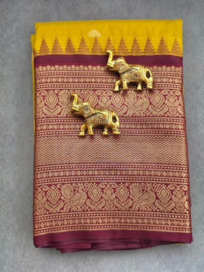 Golden Harvest Premium Semi Gadwal Saree – Turmeric Yellow & Maroon