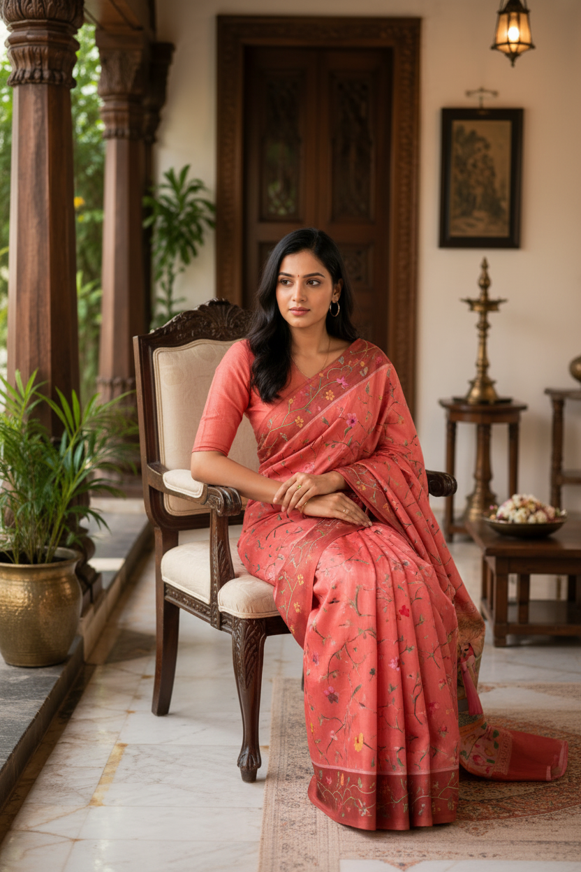 Woman in a pink saree sitting on a chair in an indoor setting with decor elements.