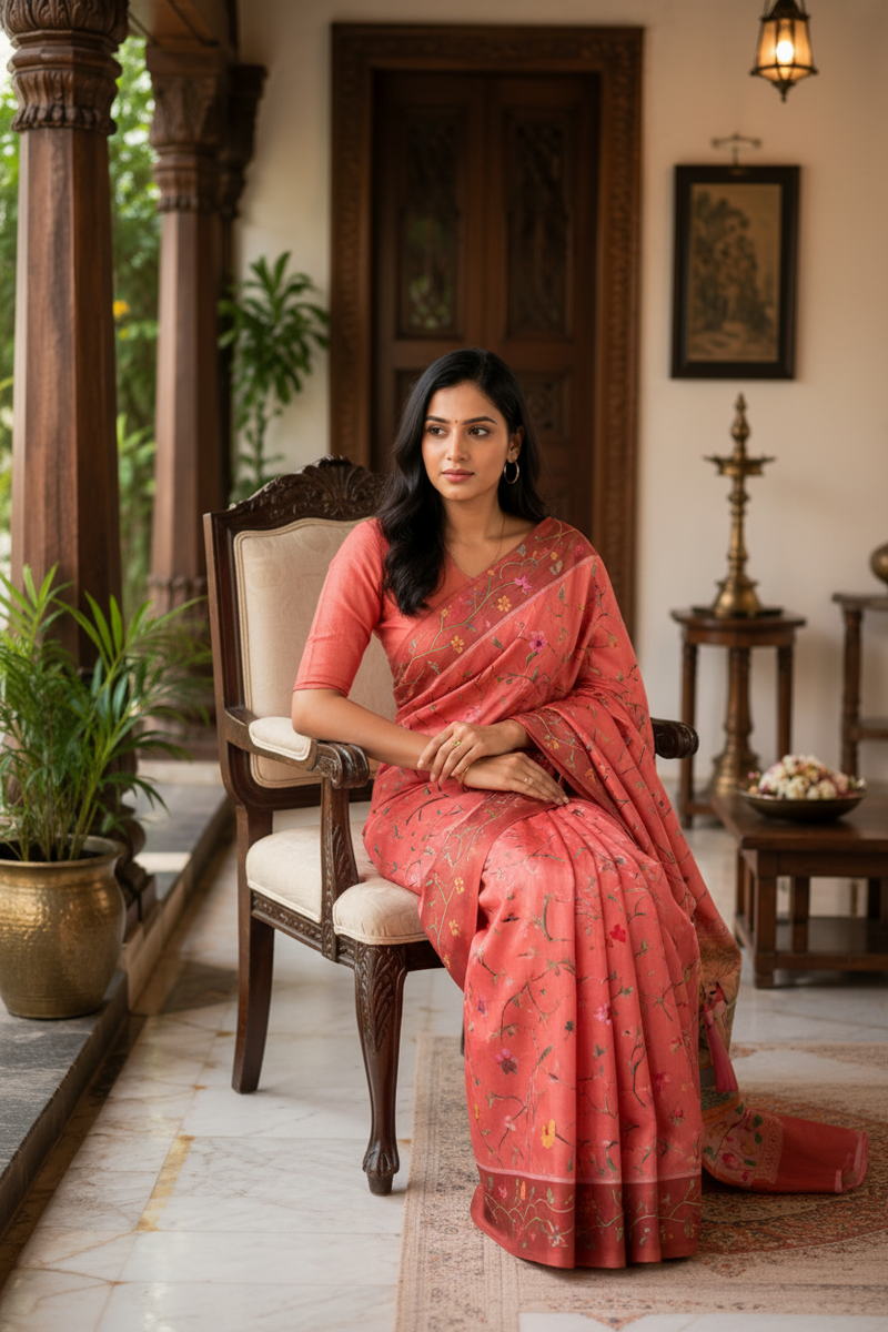 Woman in a pink saree sitting on a chair in an indoor setting with decor elements.