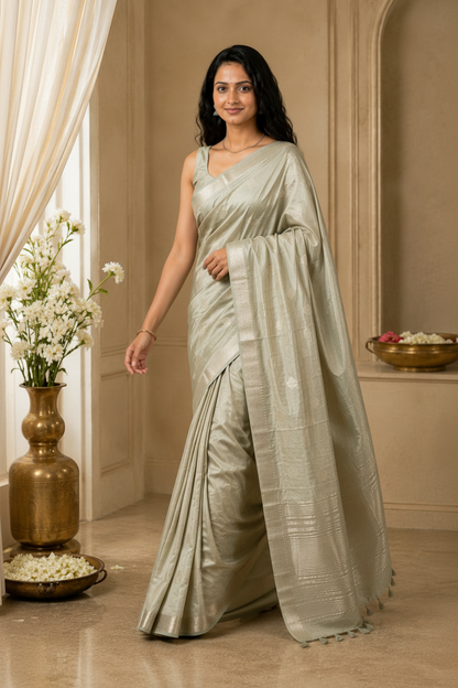 Graceful Celadon Green Raw Silk Saree with Woven Rich Pallu