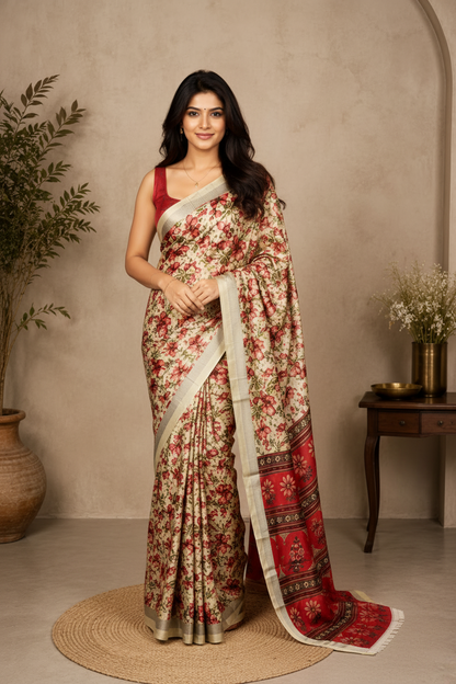 A woman models a beige and red floral printed saree with a red border, standing in a styled indoor setting with a textured beige wall, potted plants, and a small wooden table.
