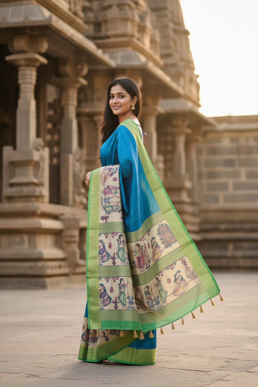 Woman in a blue and green saree standing in front of an architectural structure.