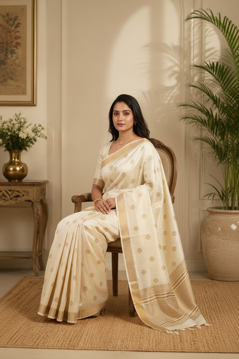 Woman in a cream saree sitting on a chair in a room with plants and a painting.