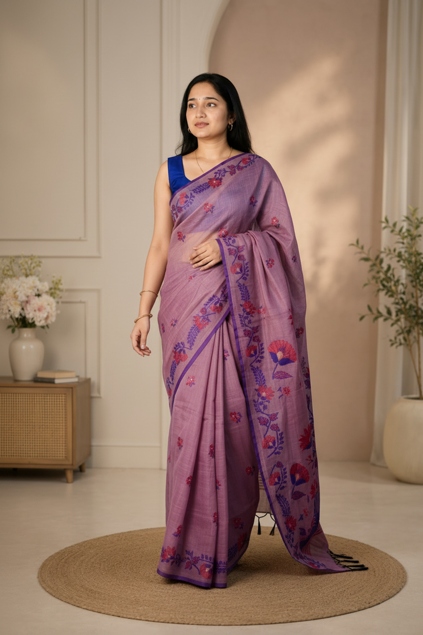 Woman wearing a purple saree with floral patterns in a minimalistic room.
