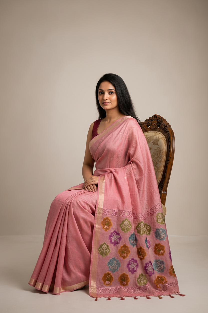 Woman in a pink saree with floral patterns sitting on a chair against a plain background
