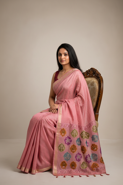 Woman in a pink saree with floral patterns sitting on a chair against a plain background