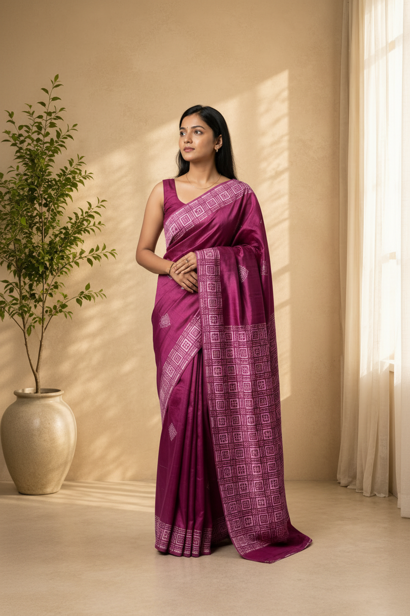 Woman wearing a pink saree with a plant and curtain in the background