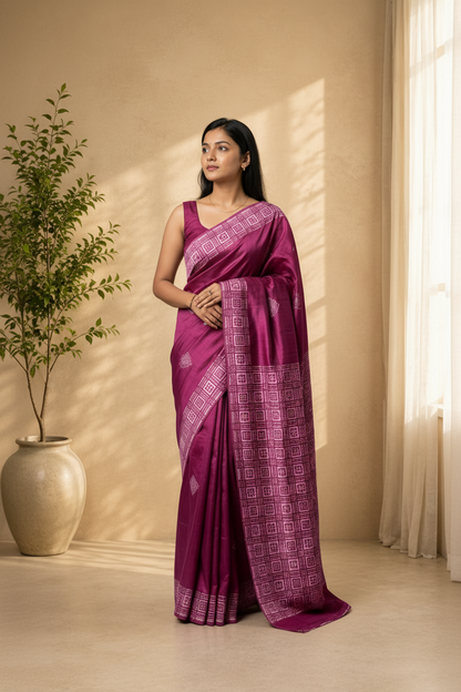 Woman wearing a pink saree with a plant and curtain in the background
