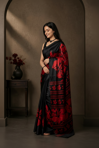 A woman models a black and red patterned silk saree in a dimly lit, elegant room with an arched doorway and a side table with a vase.