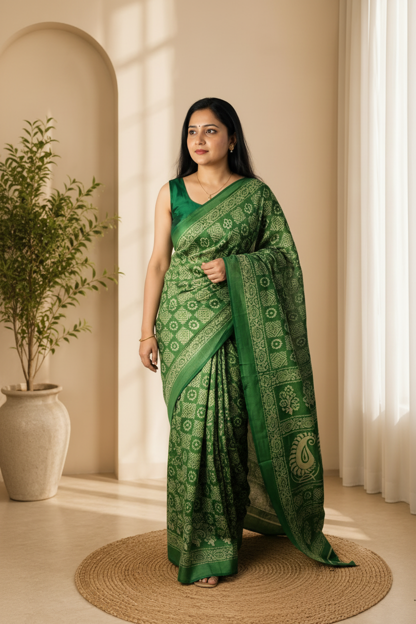 Woman in a green saree standing in a well-lit room with a plant and rug.