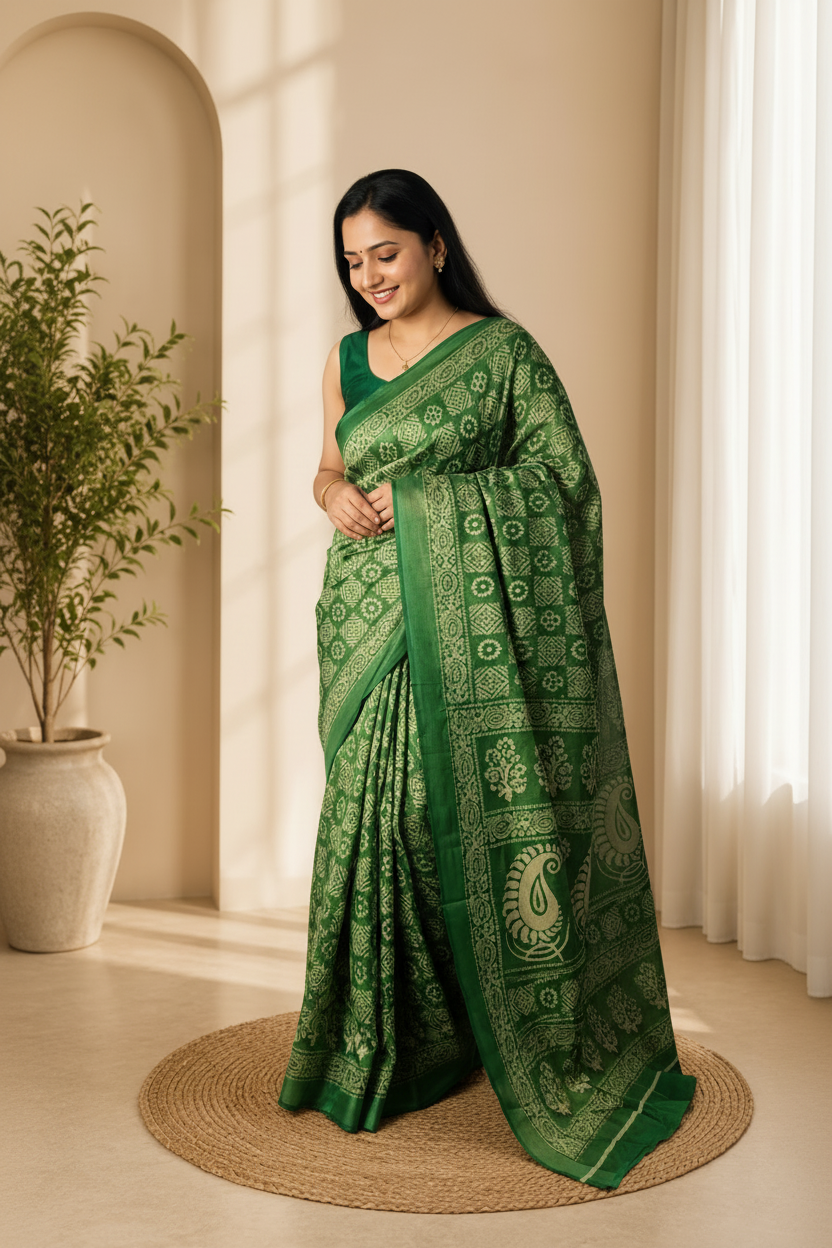 Woman in a green saree standing in a well-lit room with a plant and rug.