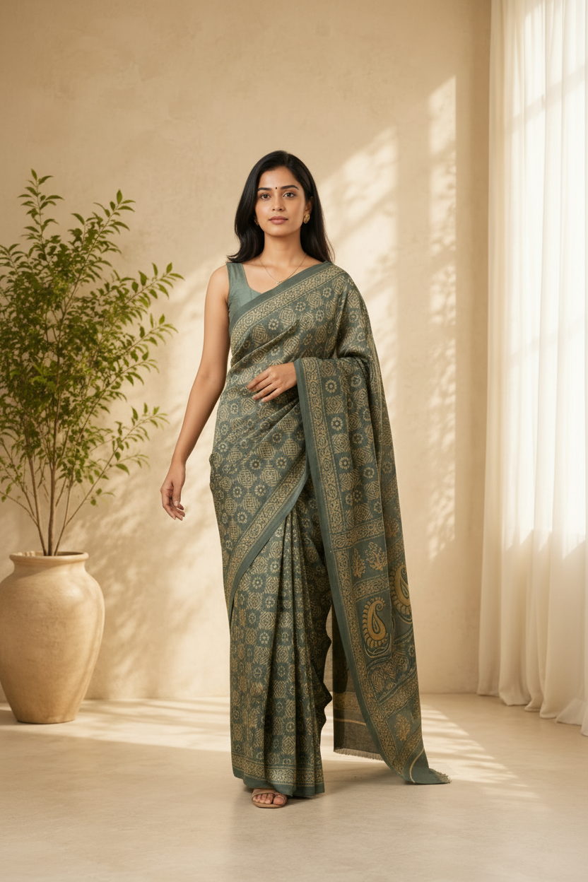 Woman wearing a grey saree with a subtle pattern in a softly lit room.