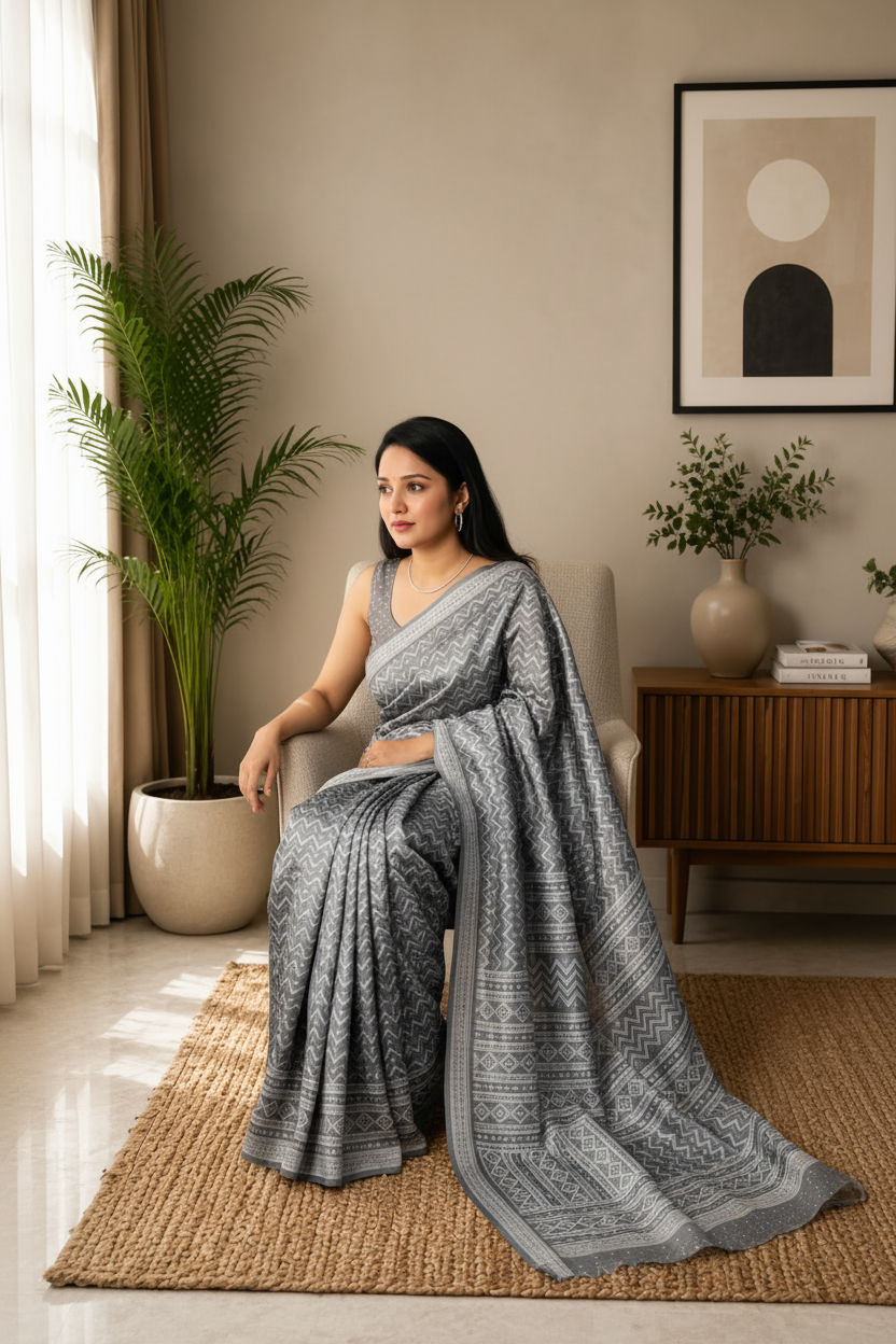 Woman in a grey saree sitting on a chair in a well-lit room with plants and decor.