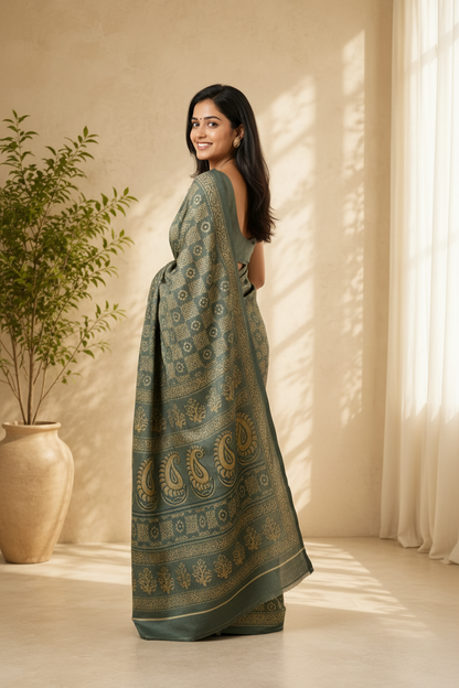 Woman in a grey saree with a paisley pattern standing in a well-lit room with a plant and curtain.